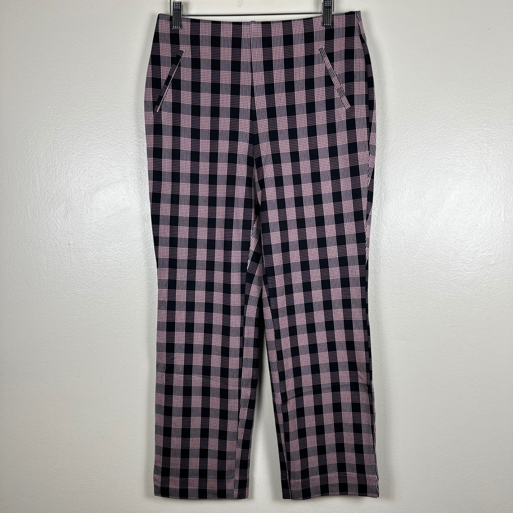 Liz Claiborne Women's PM Pants Black Pink Plaid Amelia Straight Leg Pull NEW